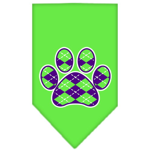 Argyle Paw Purple Screen Print Bandana Lime Green Small